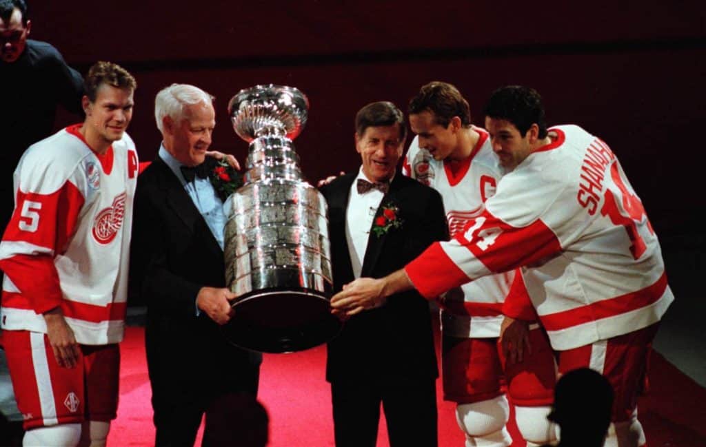 Gordie Howe, Ted Lindsay, 1997 Stanley Cup Champions, Nicklas Lidstrom, Steve Yzerman, Brendan Shanahan - Joe Louis Arena - The Awesome Mitten Gordie Howe and Ted Lindsay with 1997 Stanley Cup Champions Nicklas Lidstrom, Steve Yzerman, and Brendan Shanahan