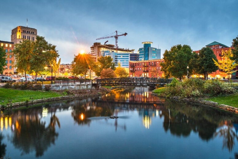 Kalamazoo River At Park In Downtown Kalamazoo Michigan