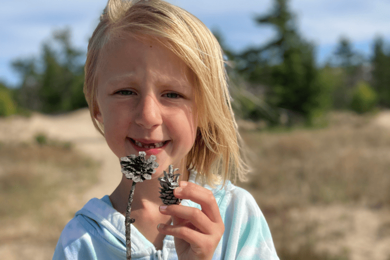 A Girl Holds A Pinecone.