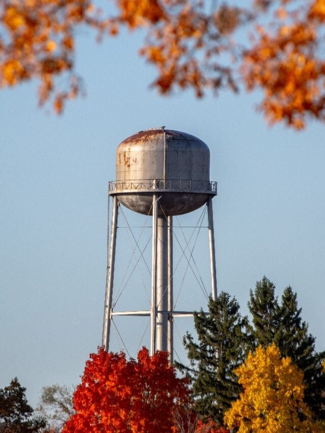 Small Towns In Michigan - Fall Leaves Framing A Metal Water Tower