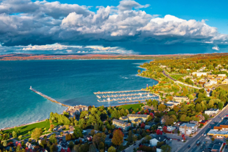 Aerial View Of Petoskey Michigan With Lake Michigan Beaches
