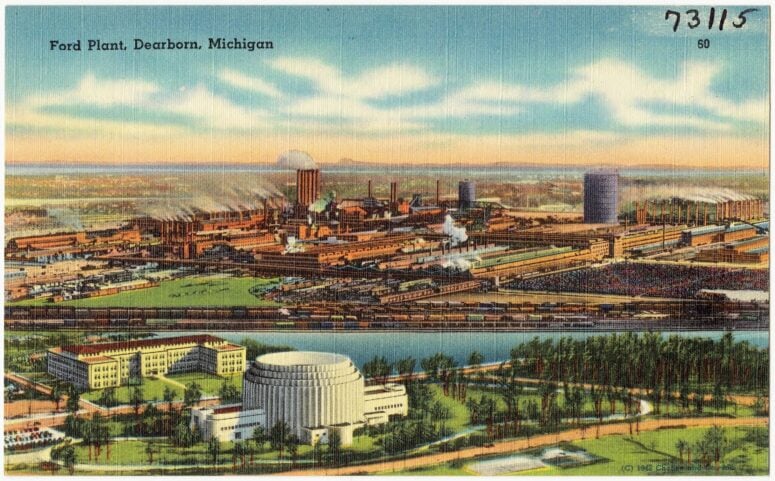 Postcard Of Rotunda In Dearborn, Across Street From Ford Headquarters, Over River From The Ford Rouge Factory