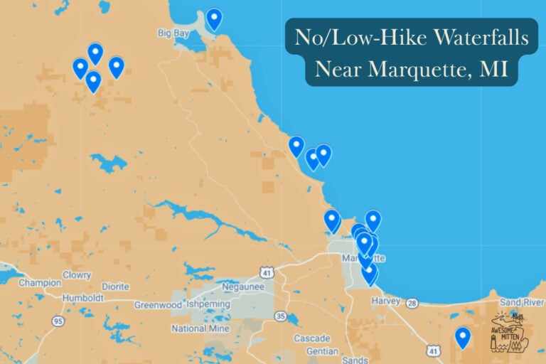 Map of No/Low-Hike Waterfalls Near Marquette, MI