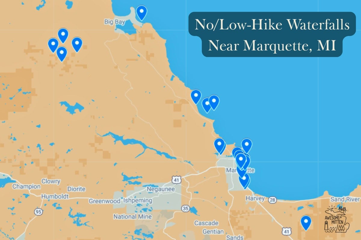 Map Of No/Low-Hike Waterfalls Near Marquette, Mi
