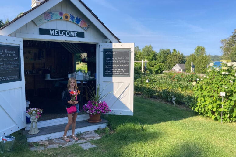 A Girl Holds A Bouquet Of Flowers On A Farm.